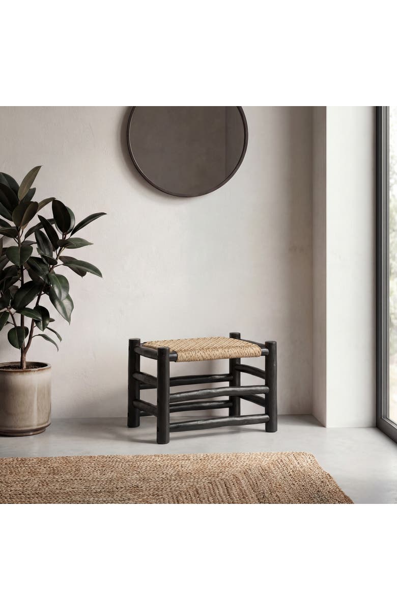JONATHAN Y Chuck Coastal Bohemian Handcrafted Indoor/Outdoor Teak Wood Accent Stool with Woven Seat, Alternate, color, Black