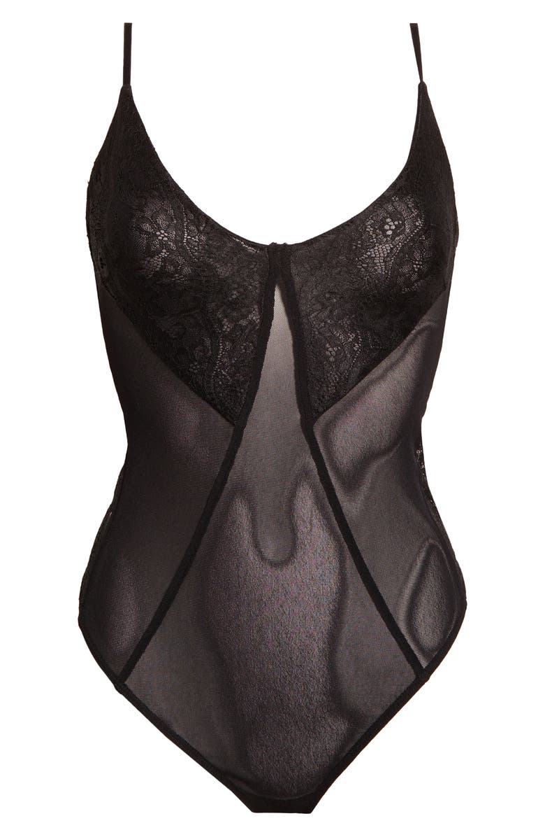 Free People Take My Number Lace & Mesh Bodysuit, Alternate, color, Black