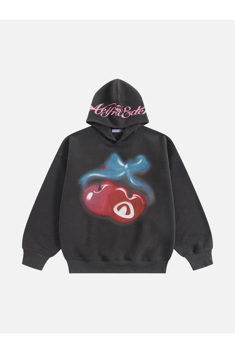 Oversized Cherry Pattern Pullover Hoodie, Alternate, color, Grey