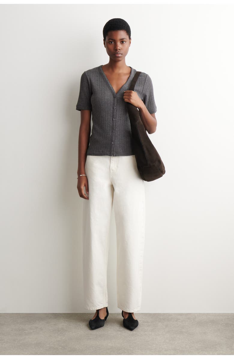 COS Pointelle-knit Short-sleeved Cardigan, Alternate, color, Charcoal