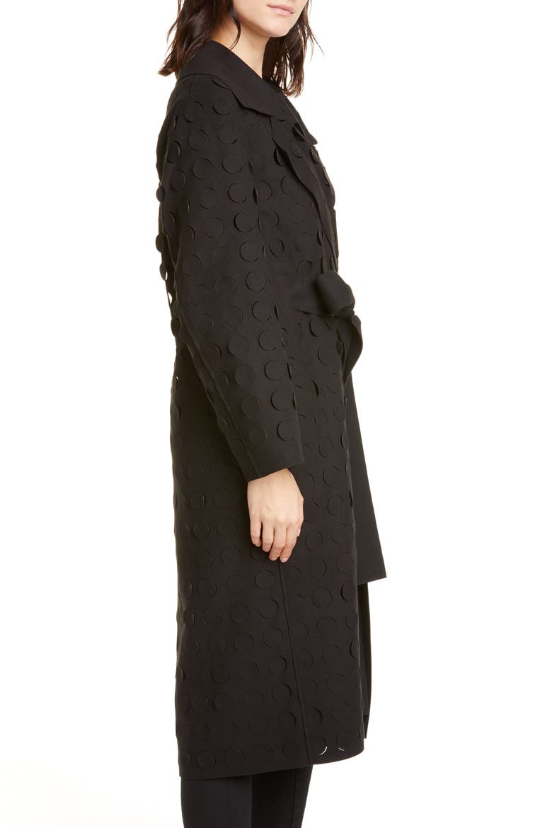 Laser Cut Circle Wrap Coat, Alternate, color, BLACK