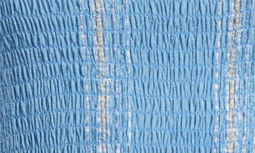 Elan Embroidered Stripe Strapless Tiered Dress In Blue/lilac Stripe