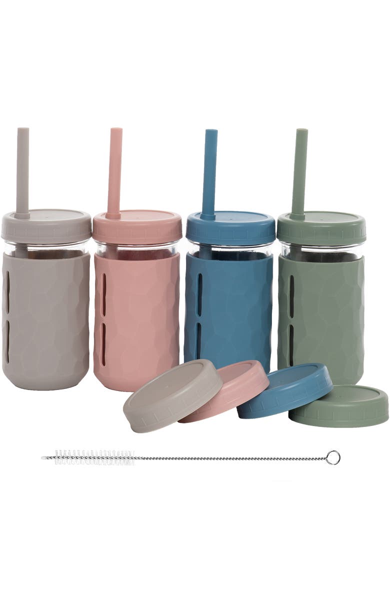 WeeSprout Glass Cups with Lids & Straws, Spill-resistant Cups for Toddlers & Kids - 8/12oz, Set of 4, Main, color, Green/Pink/Blue/Grey (12 Oz)