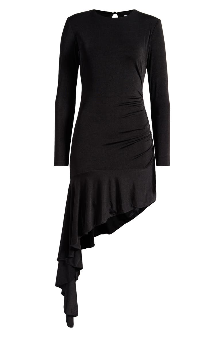 Metallic Long Sleeve Asymmetric Hem Minidress, Alternate, color, BLACK