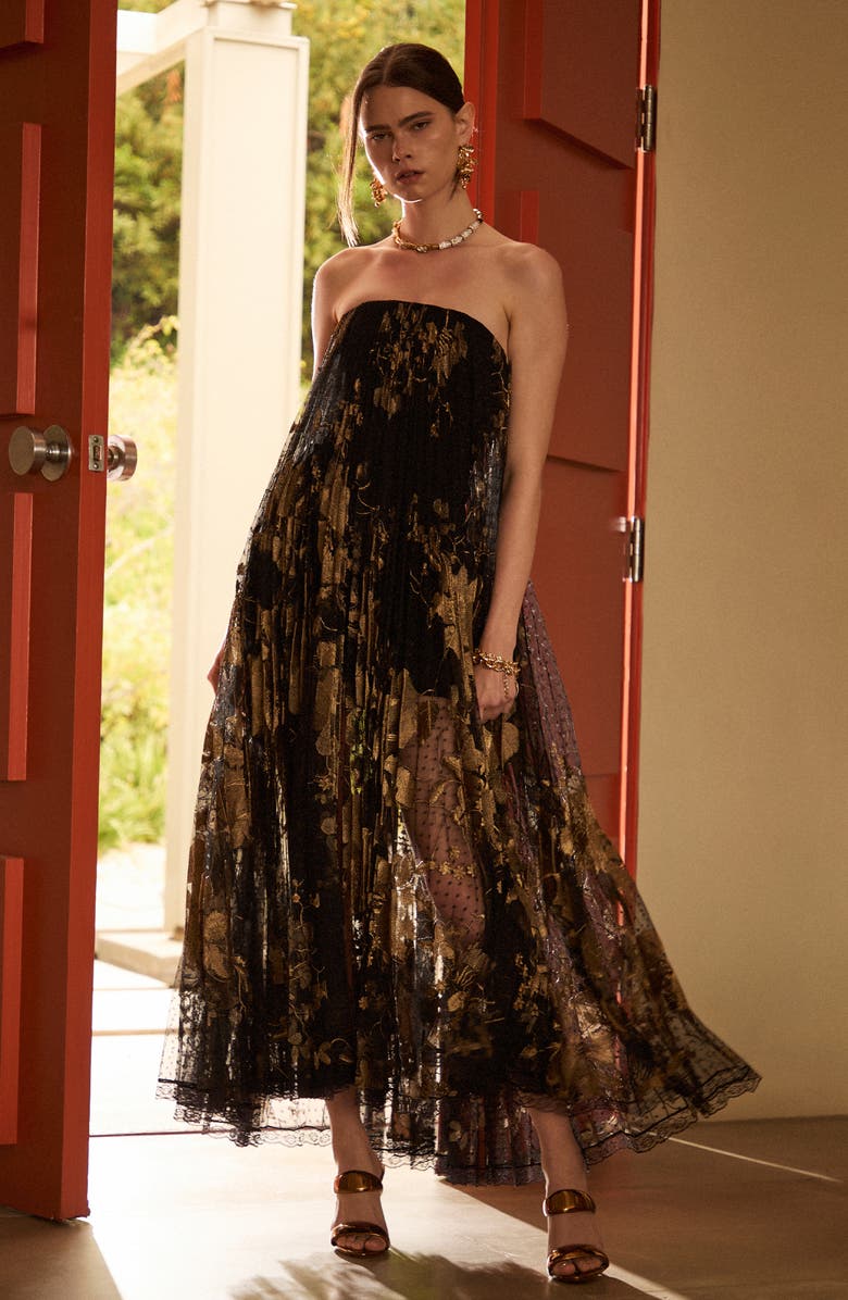 HELSI Delphanie Metallic Floral Strapless Pleated Gown, Alternate, color, Black/ Gold