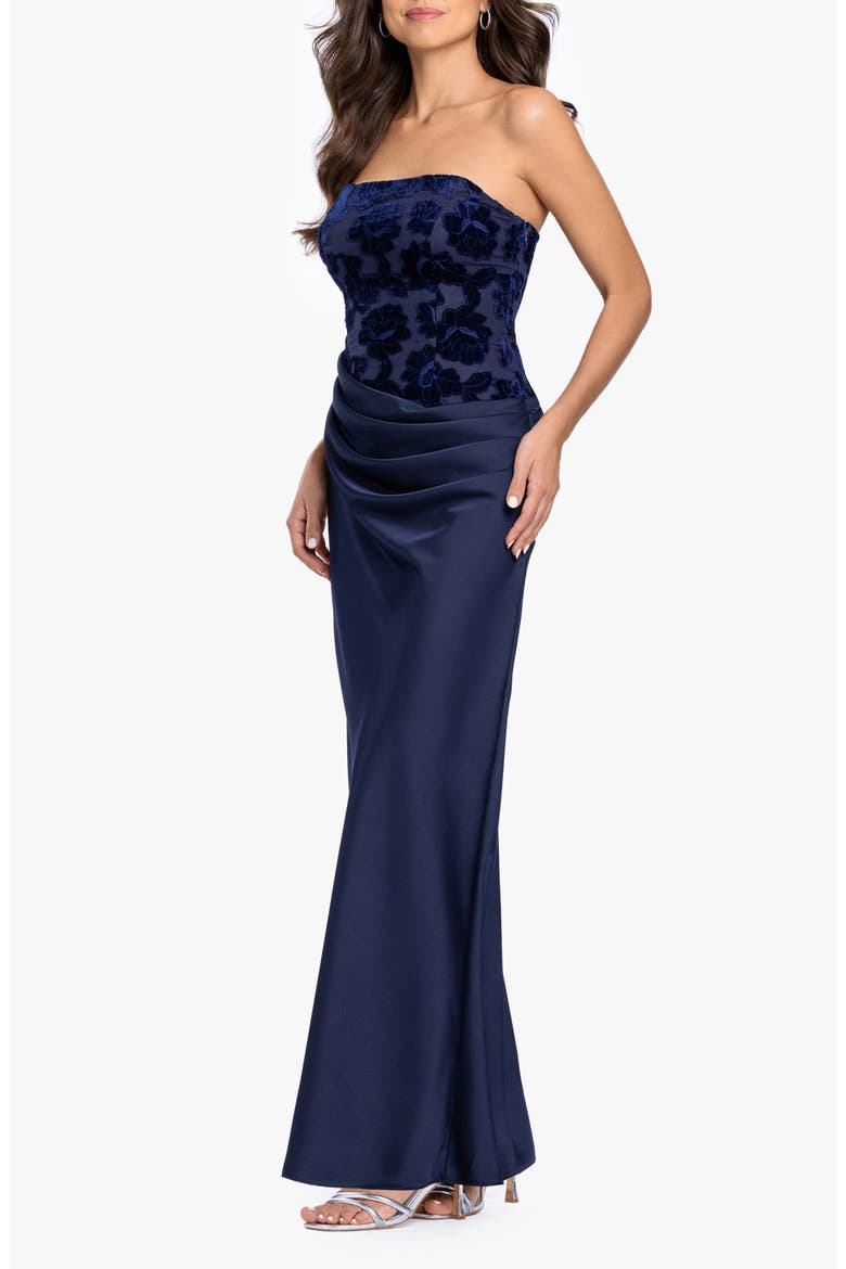 Velvet Burnout Bodice Strapless Sheath Gown, Alternate, color, NAVY