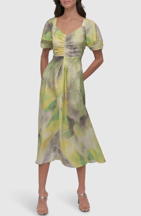Ruched Printed Satin Midi Dress