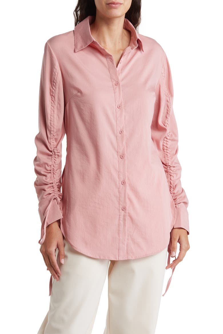 Ruched Sleeve Button-Up Shirt, Main, color, PINK