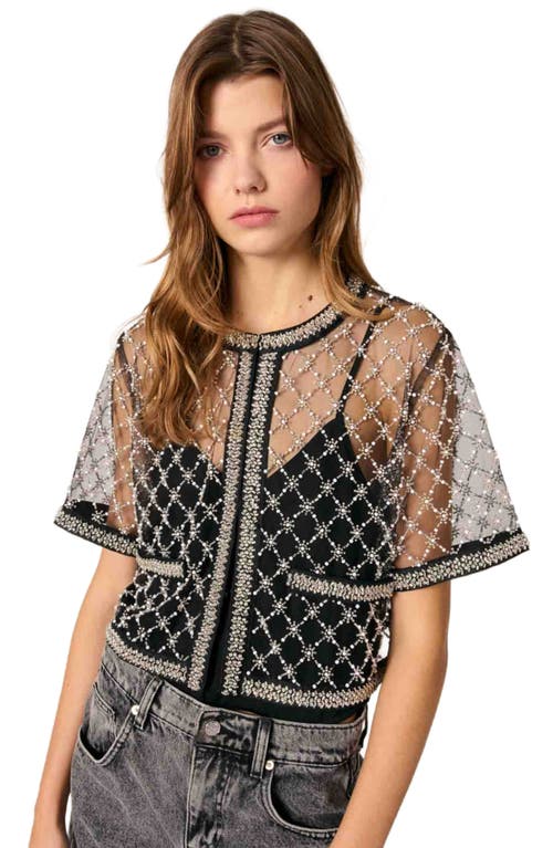 Maje Womens Bead-embroidered Short-sleeve Tulle Top Black In Black