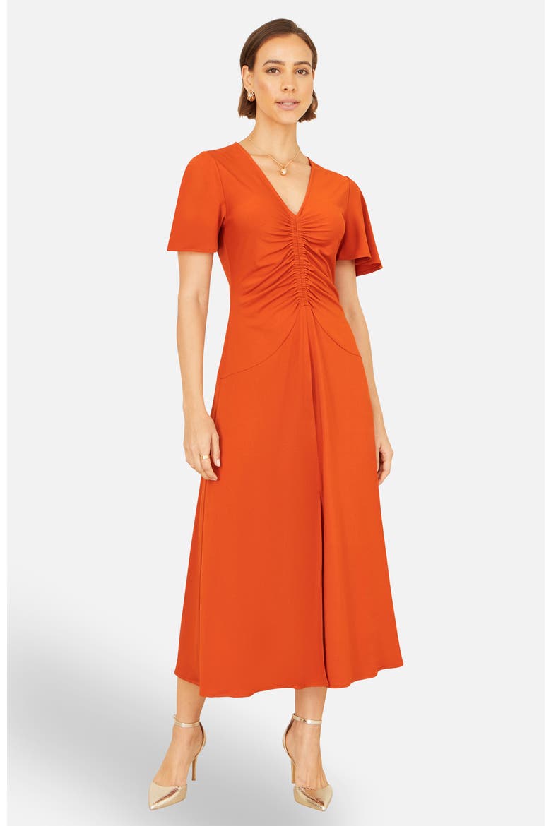 Ruched Front Stretch Midi Dress, Main, color, Orange