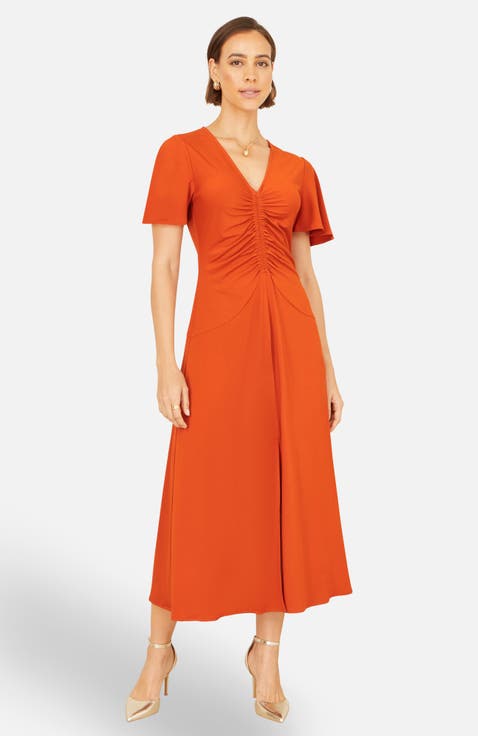 Ruched Front Stretch Midi Dress