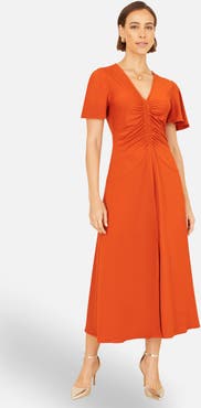 Yumi Ruched Front Stretch Midi Dress