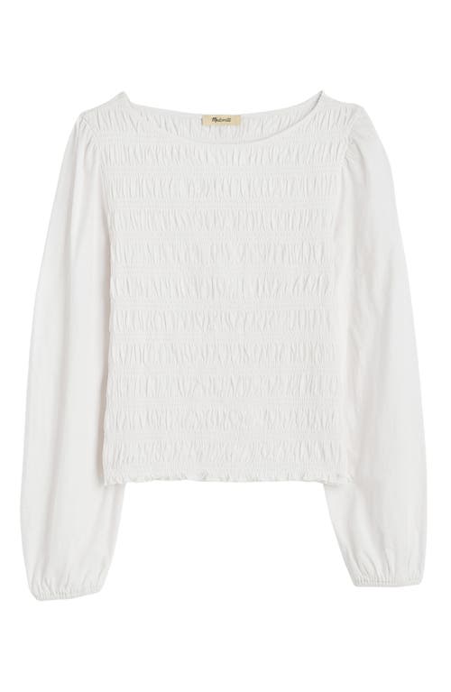 Madewell Smocked Boat Neck Long Sleeve Cotton Top In White