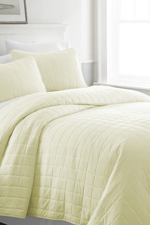 Home Spun Home Spun Premium Ultra Soft Square Pattern Quilted King Coverlet Set - Yellow