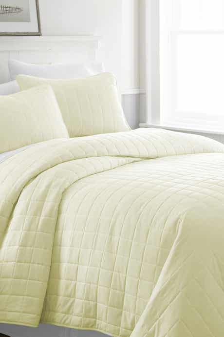 IENJOY HOME Home Spun Home Spun Premium Ultra Soft Square Pattern Quilted King Coverlet Set - Yellow