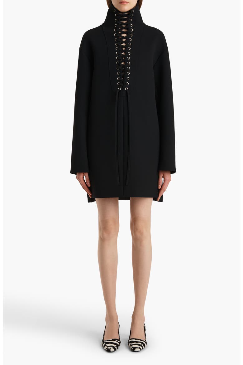 Lee Lace-Up Long Sleeve Double Face Crepe Dress, Main, color, BLACK