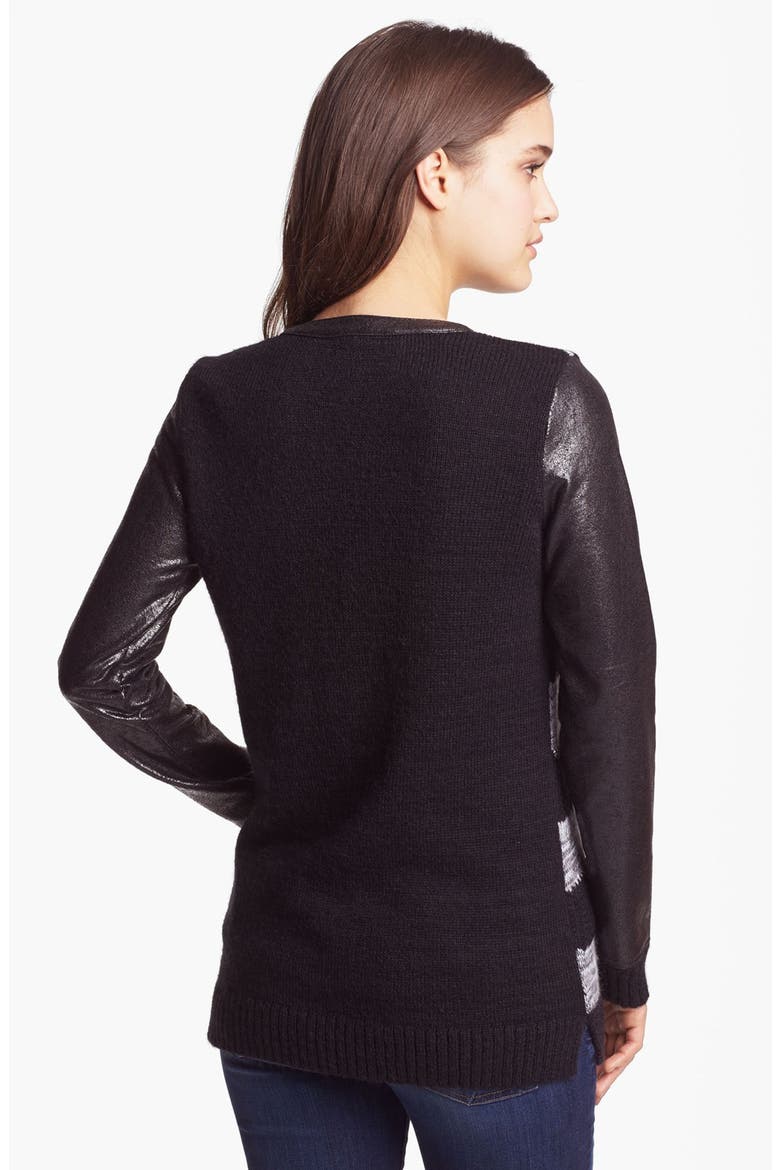 Faux Leather Detail Stripe Cardigan, Alternate, color, GREY COMBO