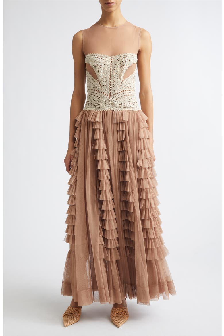 Orla Crochet & Tulle Gown, Main, color, SANDSTONE