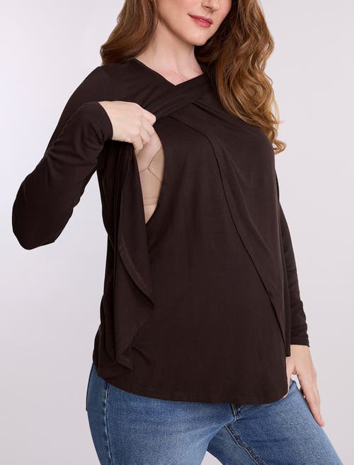 Motherhood Maternity Crewneck Long Sleeve Draped Nursing Tee In Brown