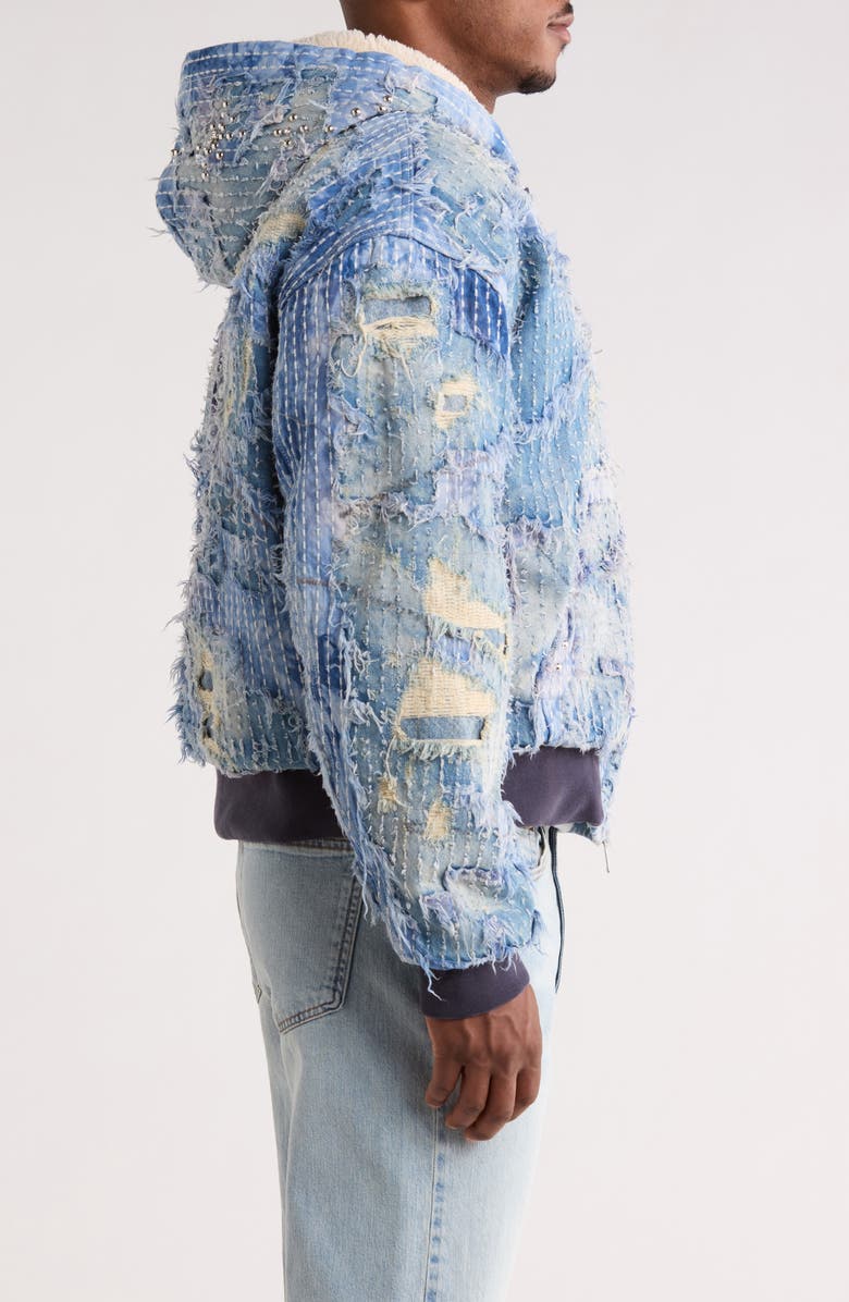 Nothing Grows Overnight Boro Distressed Hooded Denim Jacket, Alternate, color, Blue Wash