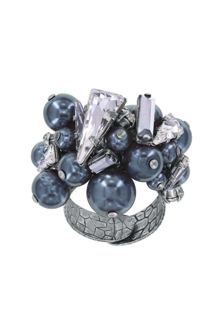 Spikes and Pearls Cluster Statement Ring, Main, color, Black/white / Antique Silver