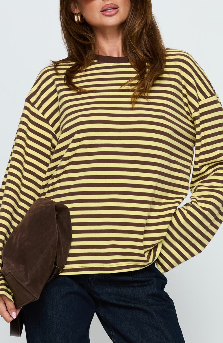 Princess Polly Settle Down Stripe Oversize T-Shirt, Main, color, Brown