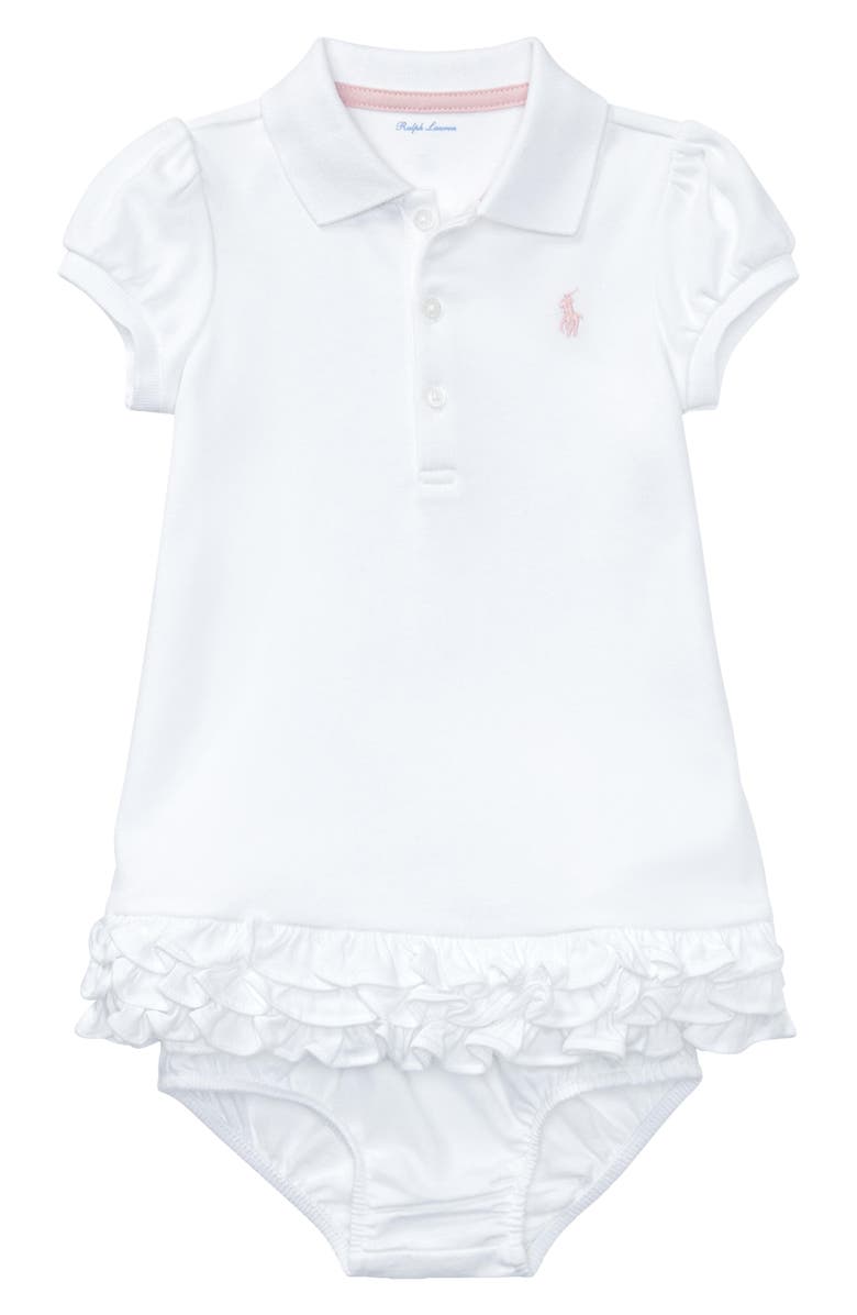 Ralph Lauren 'Cupcake' Ruffle Hem Polo Dress & Bloomers, Main, color, White