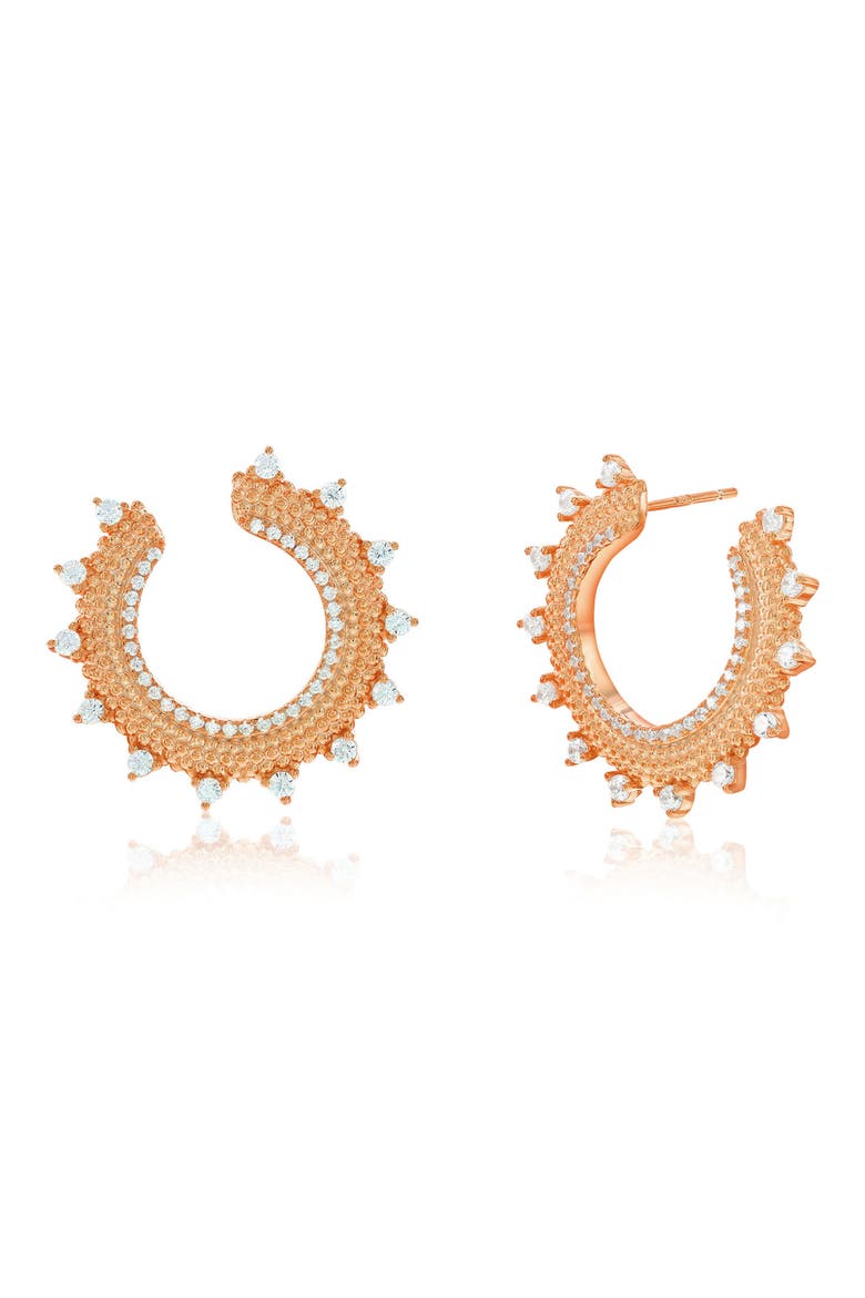 Cubic Zirconia Milgrain Sunburst Frontal Hoop Earrings, Main, color, PINK