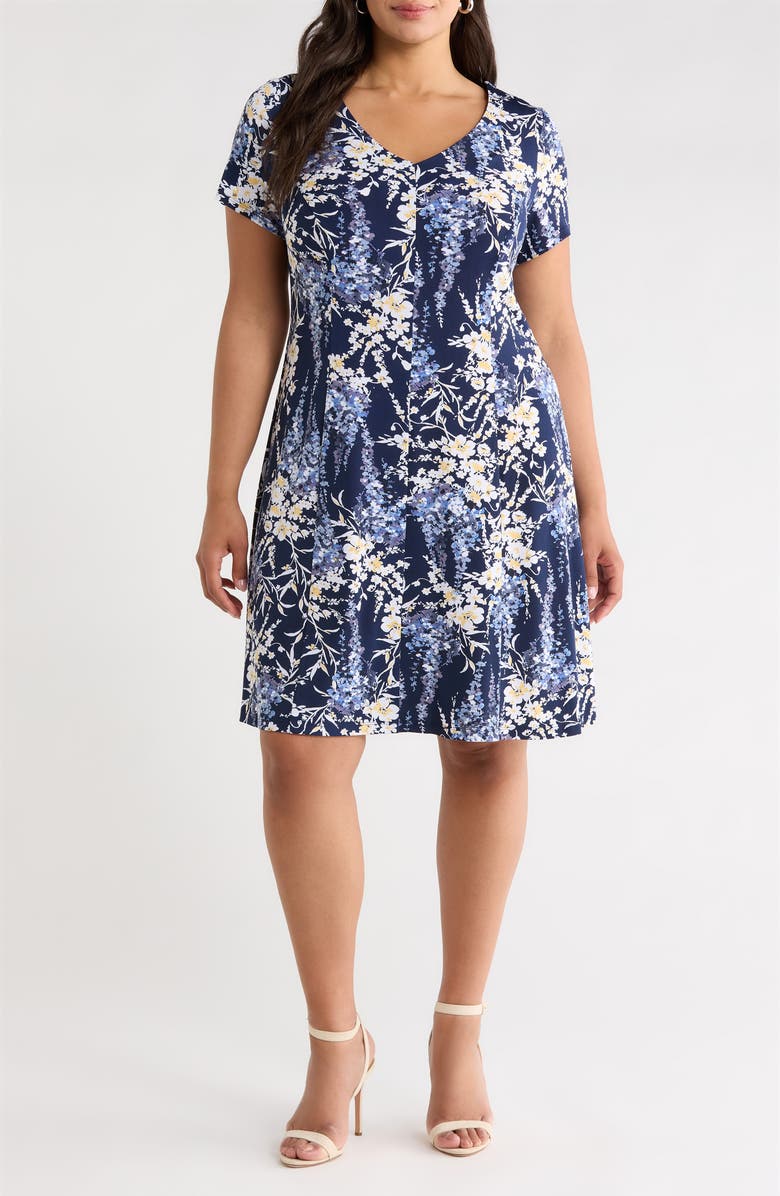 Connected Apparel Floral Fit & Flare Dress, Main, color, Slate