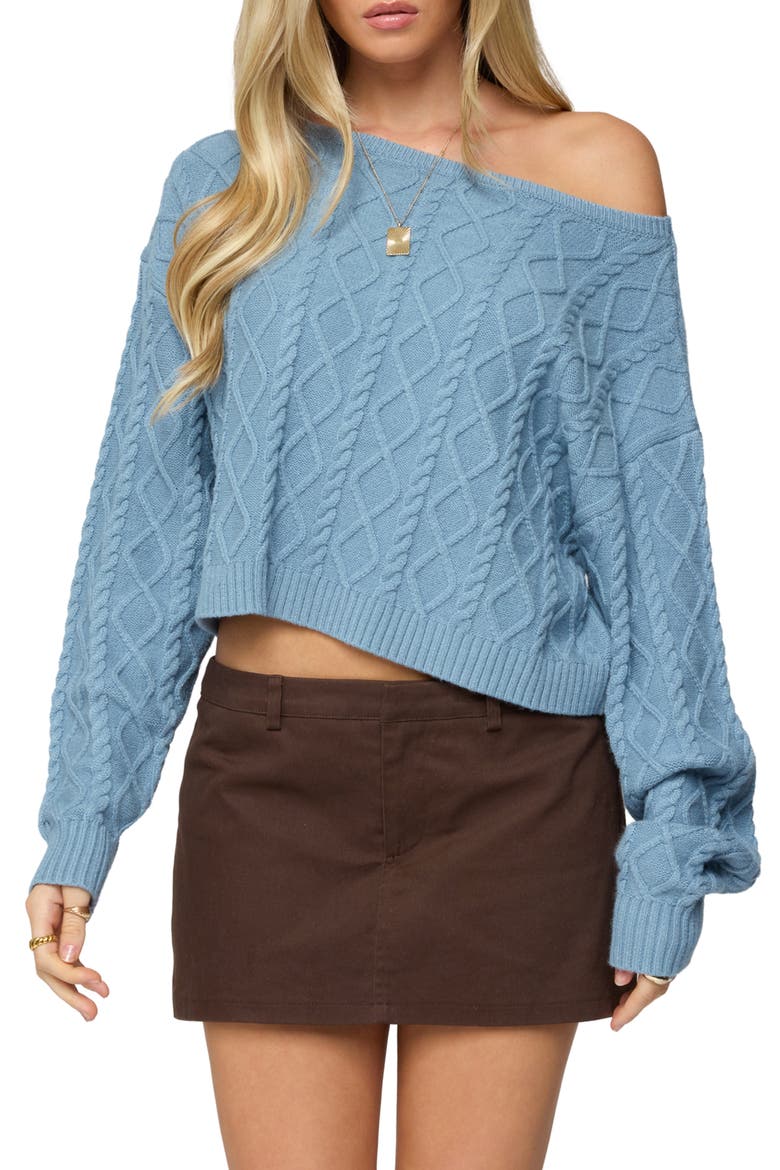 Cable Off the Shoulder Sweater, Main, color, BLUE