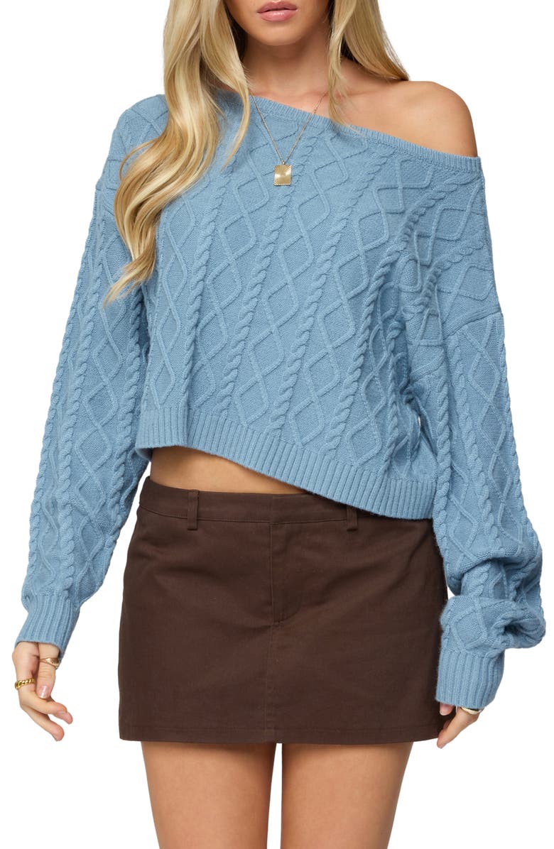 EDIKTED Cable Off the Shoulder Sweater, Main, color, Blue
