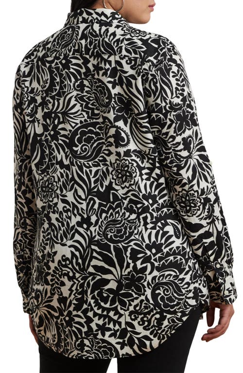 Ralph Lauren Plus Size 100% Linen Roll-tab Shirt In Cream/black