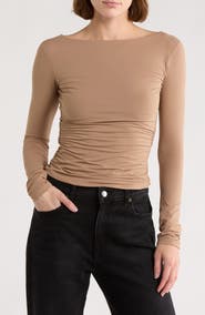 Leith Boat Neck Long Sleeve Ruched Top