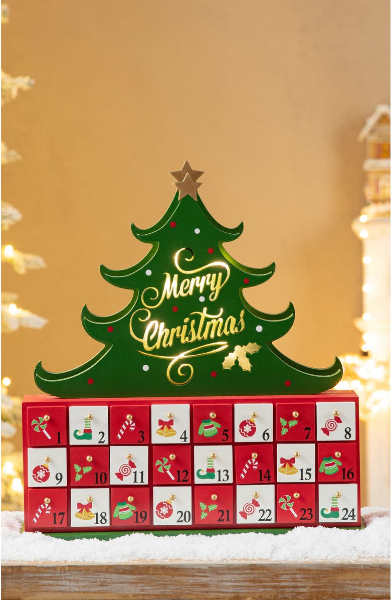 Glitzhome 15"H Lighted Wooden Christmas Tree Advent Countdown Calendar, Alternate, color, 