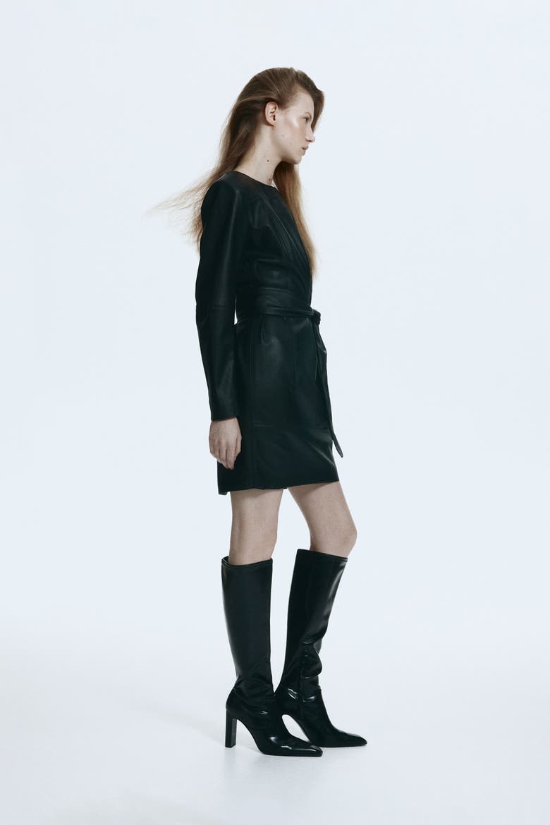 Coated Tie-belt Dress, Alternate, color, Black