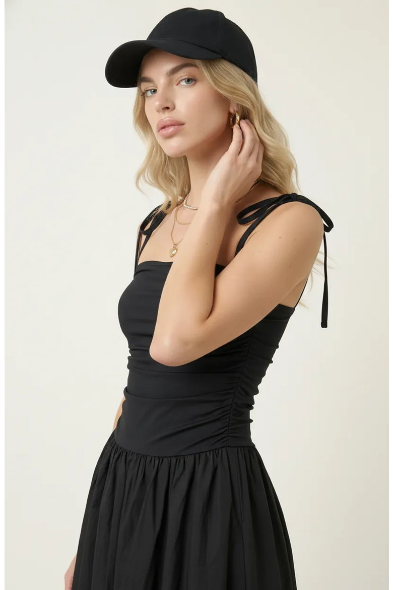Ruched Bodice Tie Strap Gathered Skirt Midi Dress, Alternate, color, Black