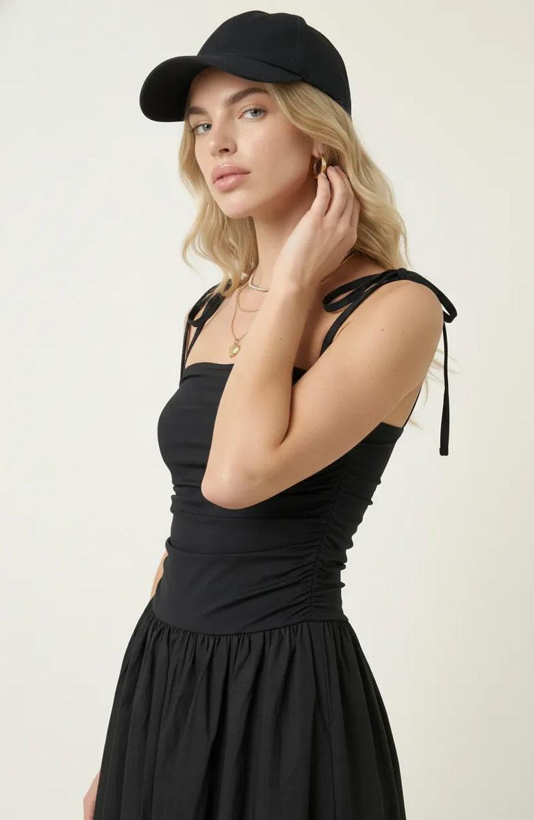 Modenaire Ruched Bodice Tie Strap Gathered Skirt Midi Dress, Alternate, color, Black