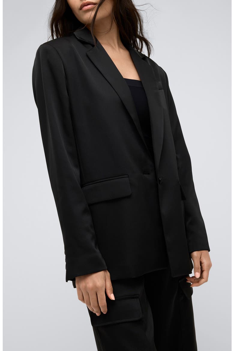 One-Button Satin Blazer, Alternate, color, BLACK