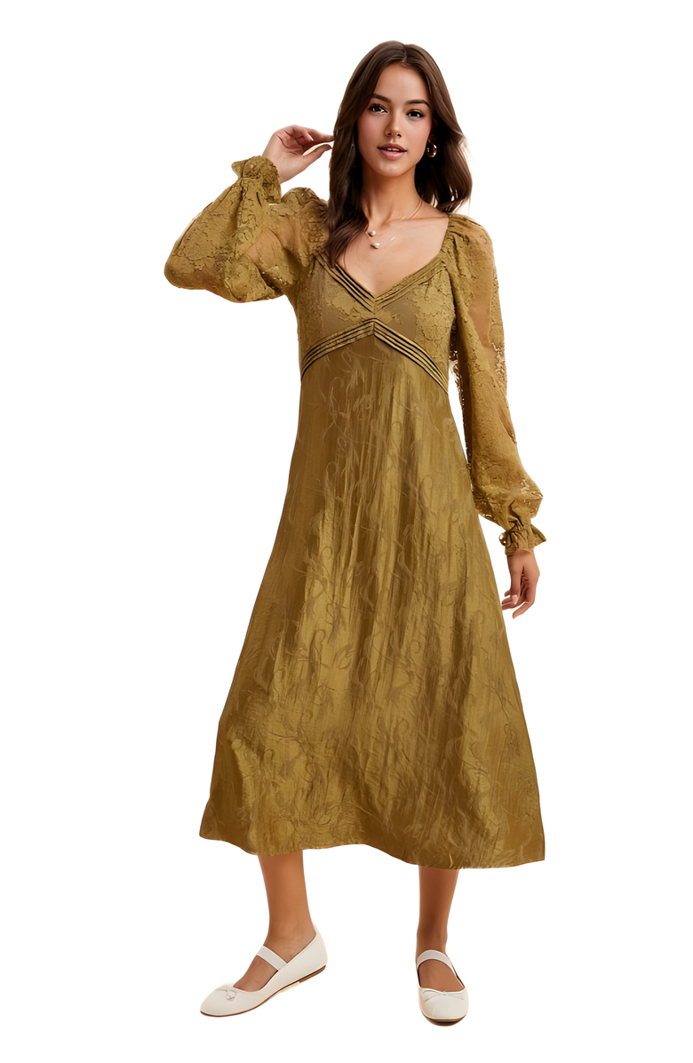 Knit and Lounge Long Sleeve Sheer Accent Midi Dress, Alternate, color, Olive Green