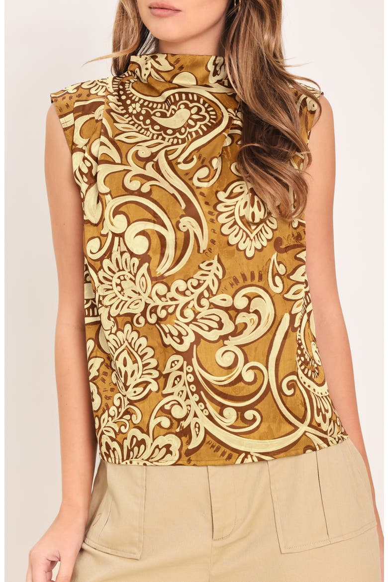 Mock Neck Sleeveless Print Top, Main, color, BROWN