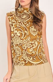 FLYING TOMATO Mock Neck Sleeveless Print Top