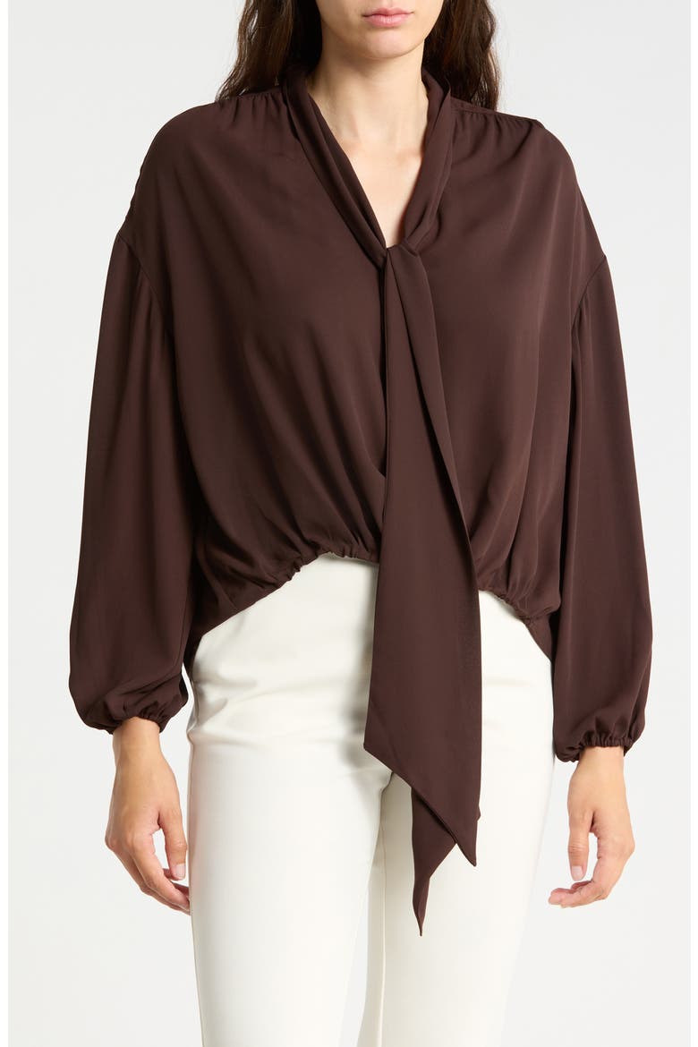 Tie Neck Draped Blouse, Main, color, DARK CHOCOLATE