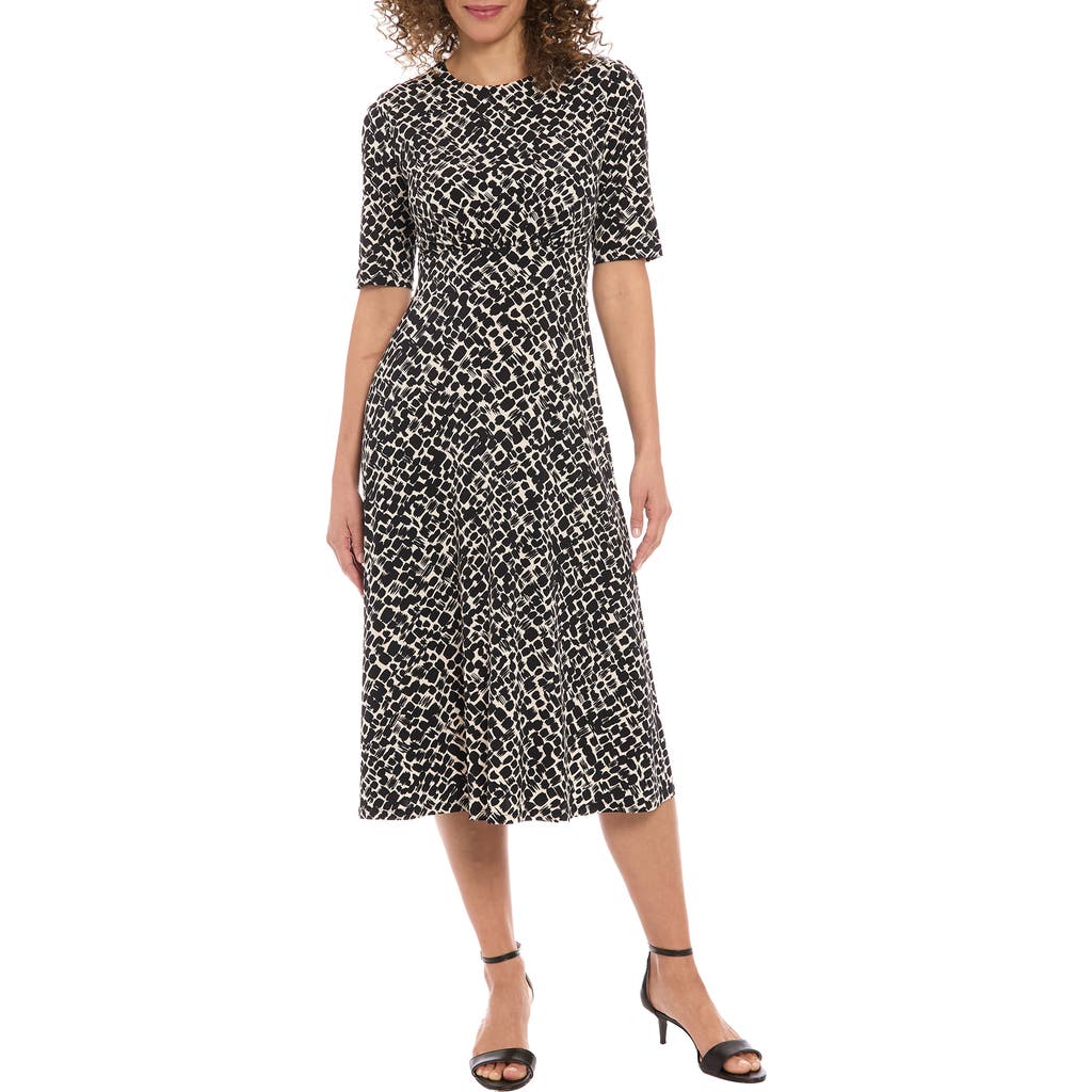 London Times Short Sleeve Inset Waist Fit & Flare Midi Dress