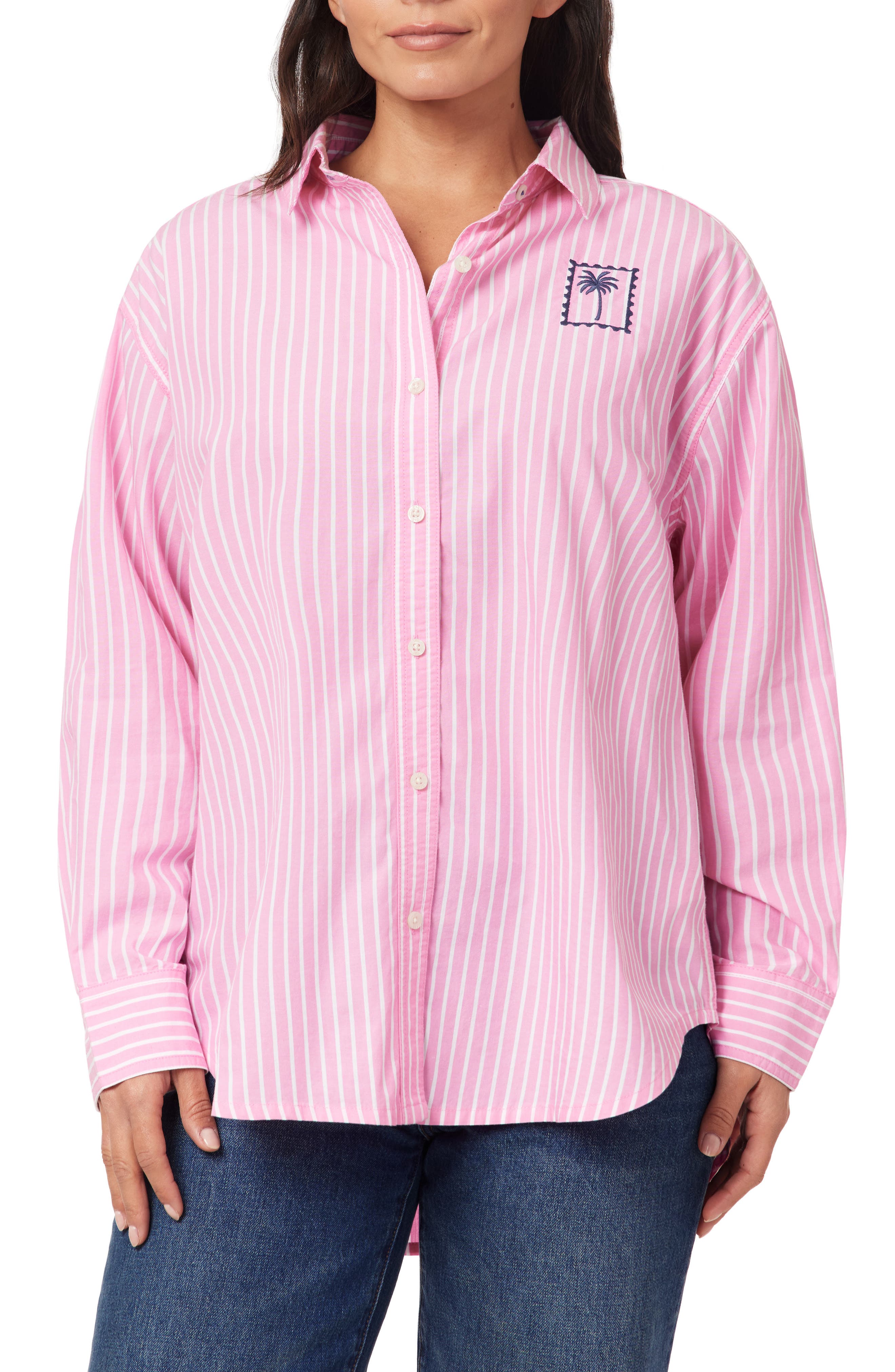 Alaina Oversize Embroidered Stripe Button-Up Shirt