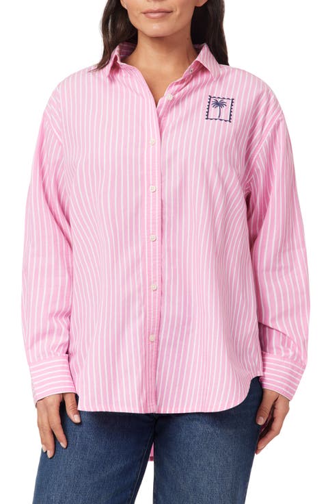 Alaina Oversize Embroidered Stripe Button-Up Shirt