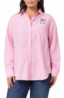 Alaina Oversize Embroidered Stripe Button-Up Shirt