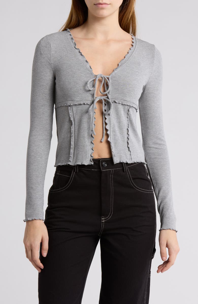 Elodie Tie Front Long Sleeve Crop Top, Main, color, Heather Grey