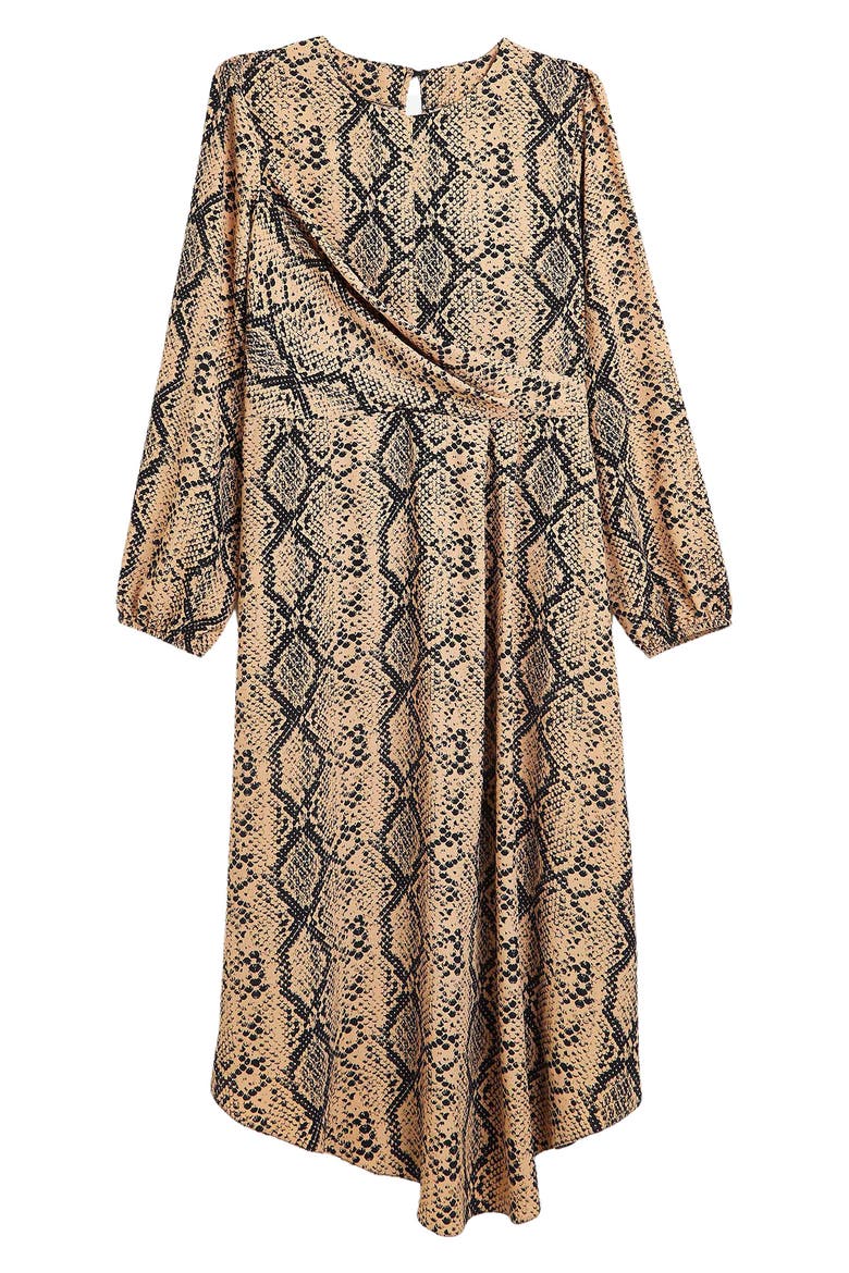 Long Sleeve Faux Wrap Midi Dress, Alternate, color, BROWN