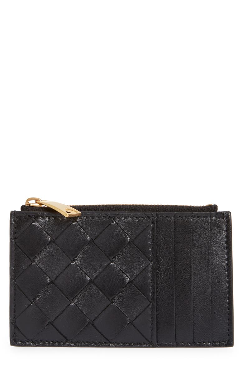 Intrecciato Leather Card Case, Main, color, BLACK GOLD