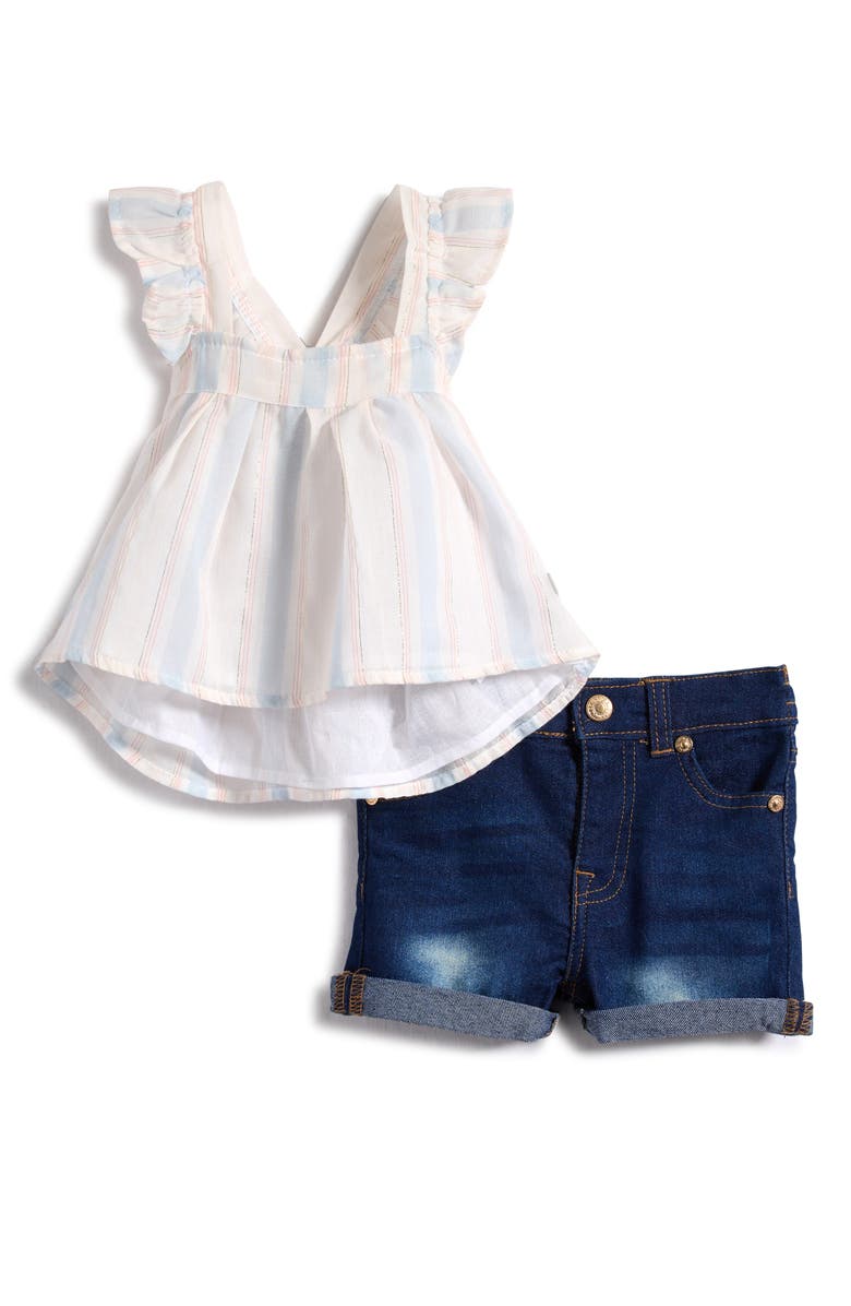 7 For All Mankind Ruffle Babydoll Top & Denim Shorts Set, Main, color,